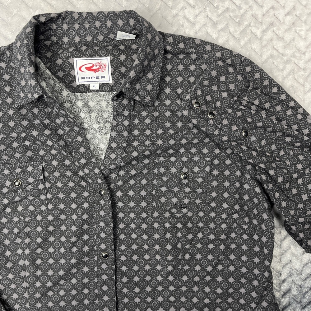 Roper Western Shirt Womens XL Black Geometric Pearl Snap Cowgirl Rodeo Ranch VTG